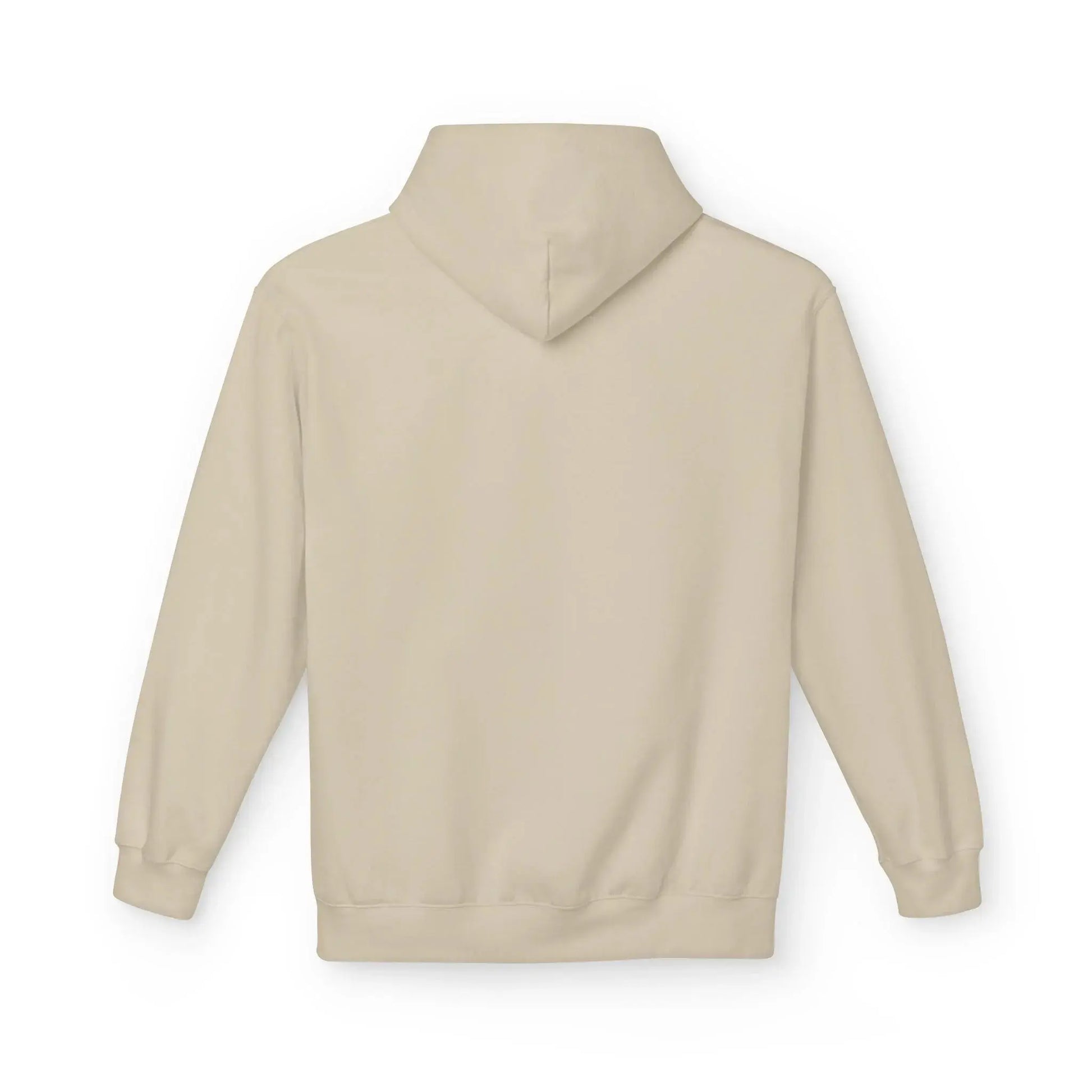 Back view of plain beige hoodie with hood and long sleeves on white background