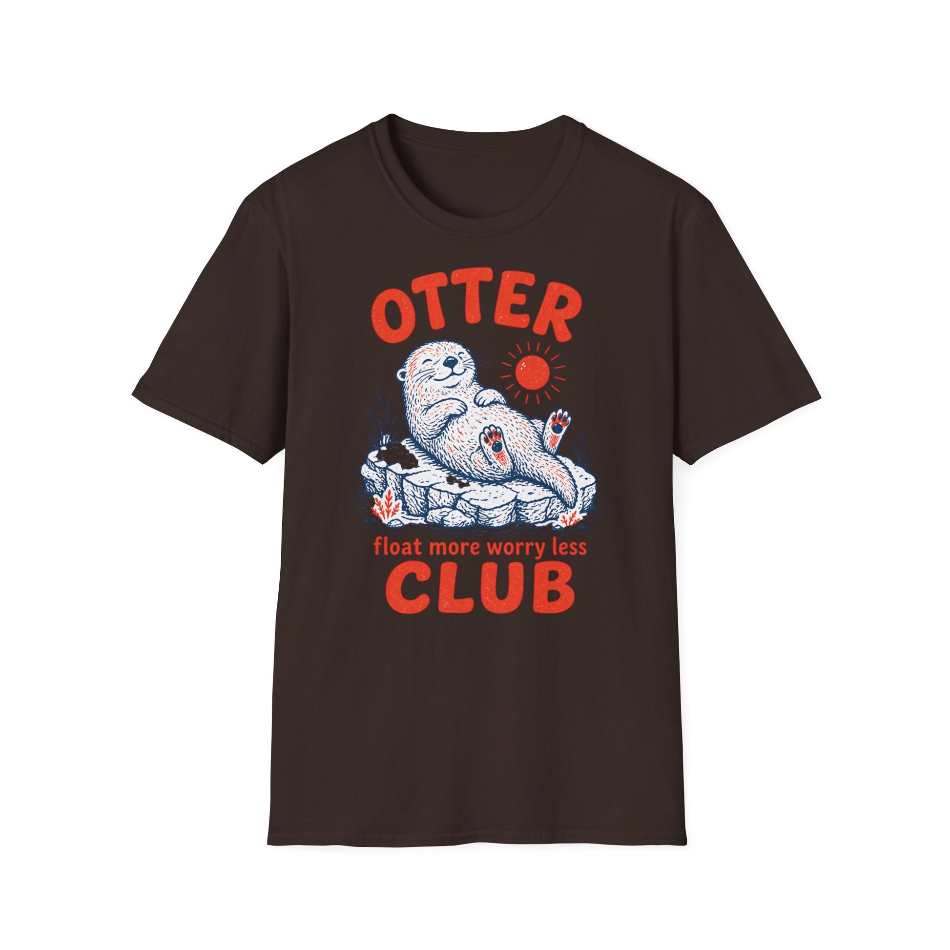 Brown t-shirt with an otter graphic and text on a white background
