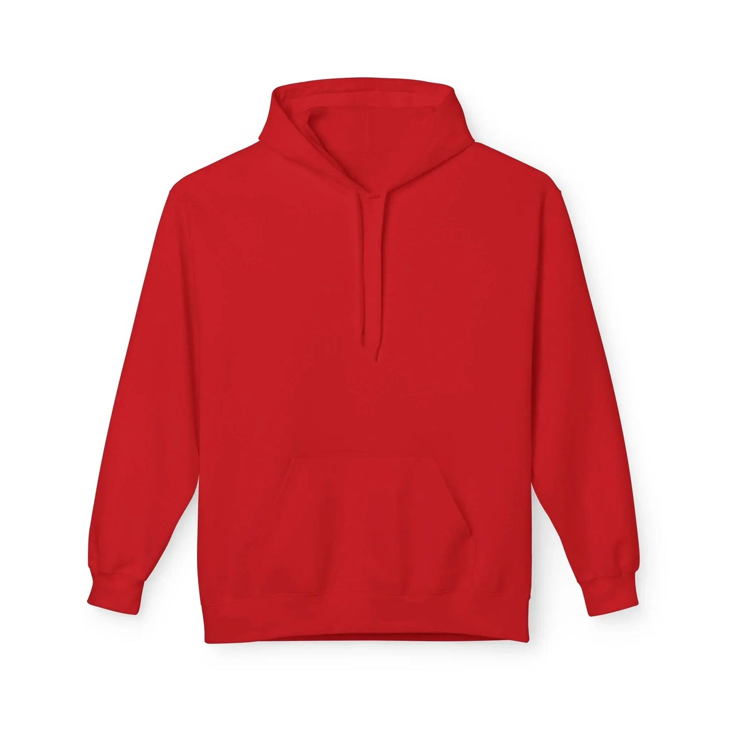 Plain red hoodie with front pocket and drawstring hood on white background
