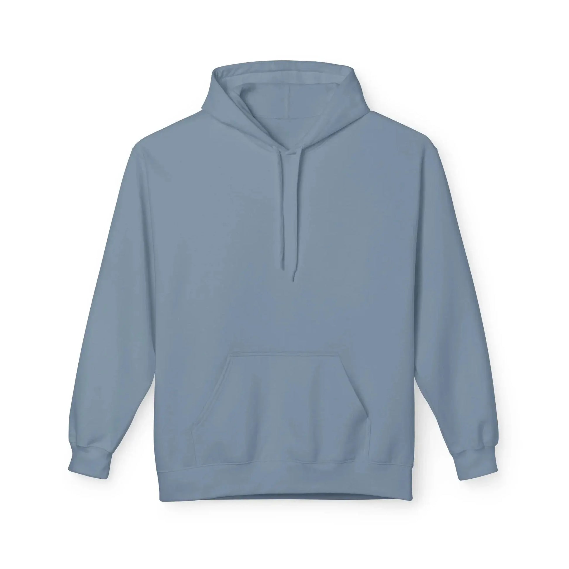Light blue blank hoodie with drawstrings and front pocket on white background