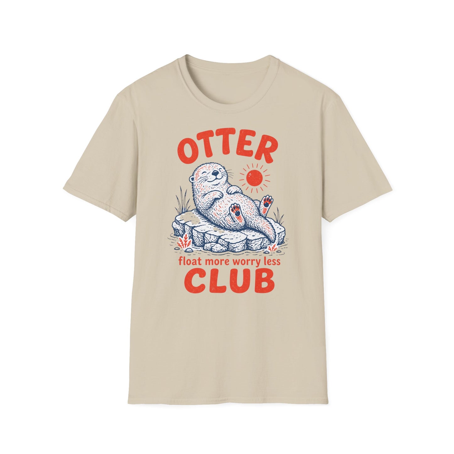 Beige t-shirt with an otter graphic and text on a white background
