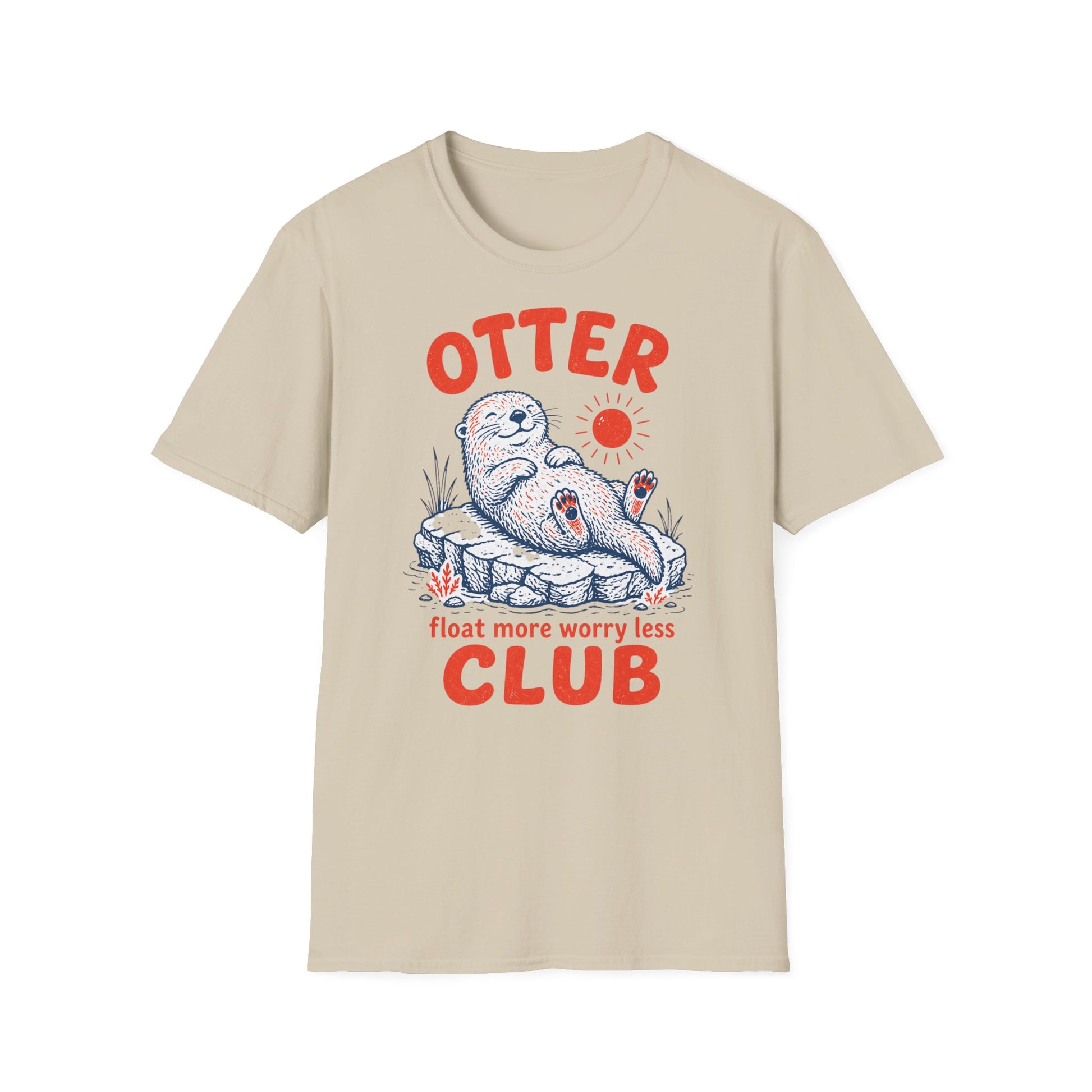 Beige t-shirt with an otter graphic and text on a white background