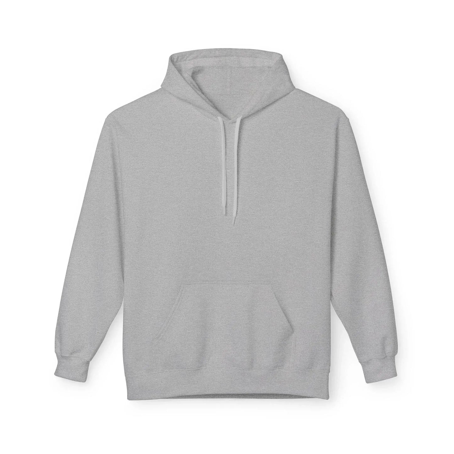Plain light gray hoodie with drawstrings and front pocket on white background