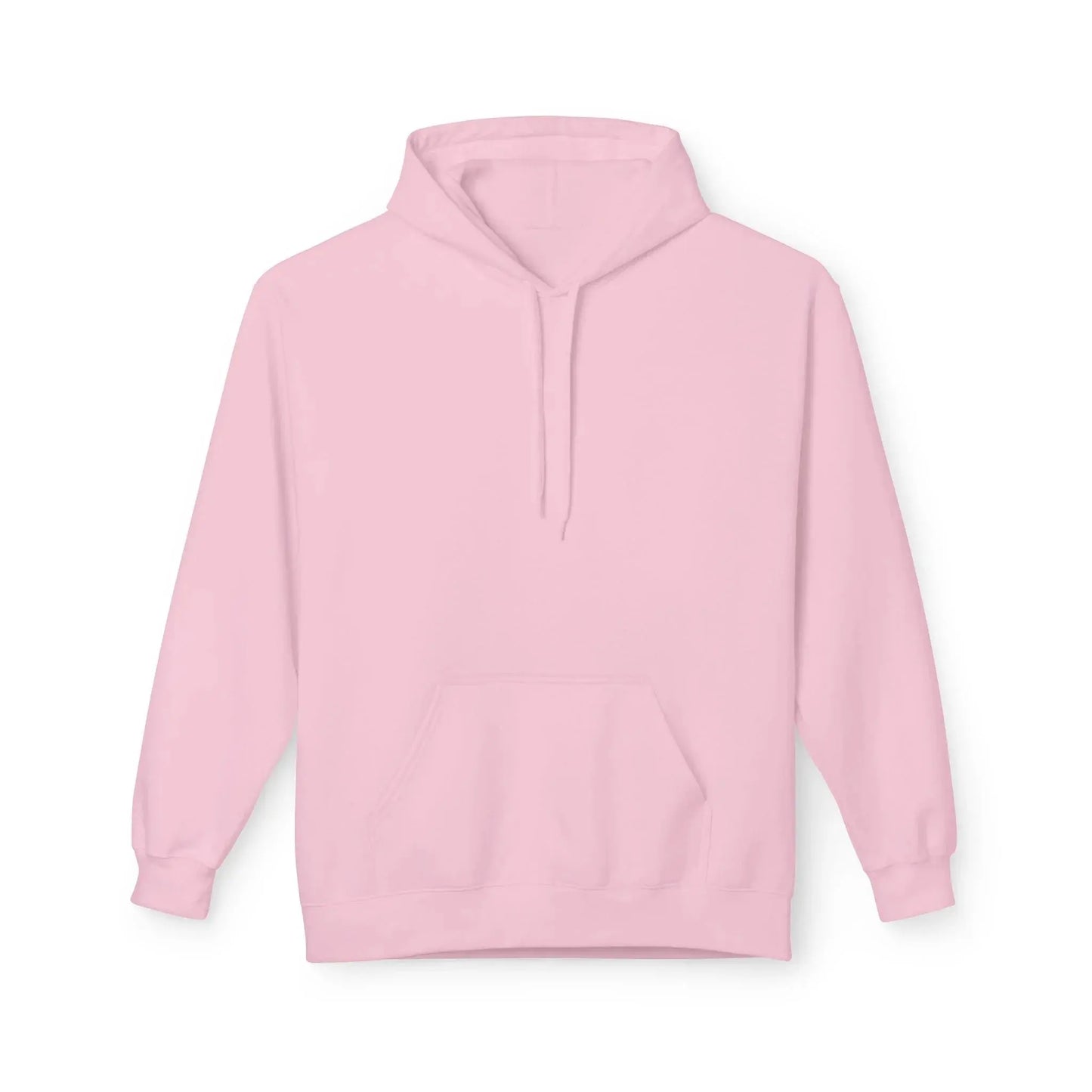 Light pink hoodie with front pocket and drawstring hood on white background