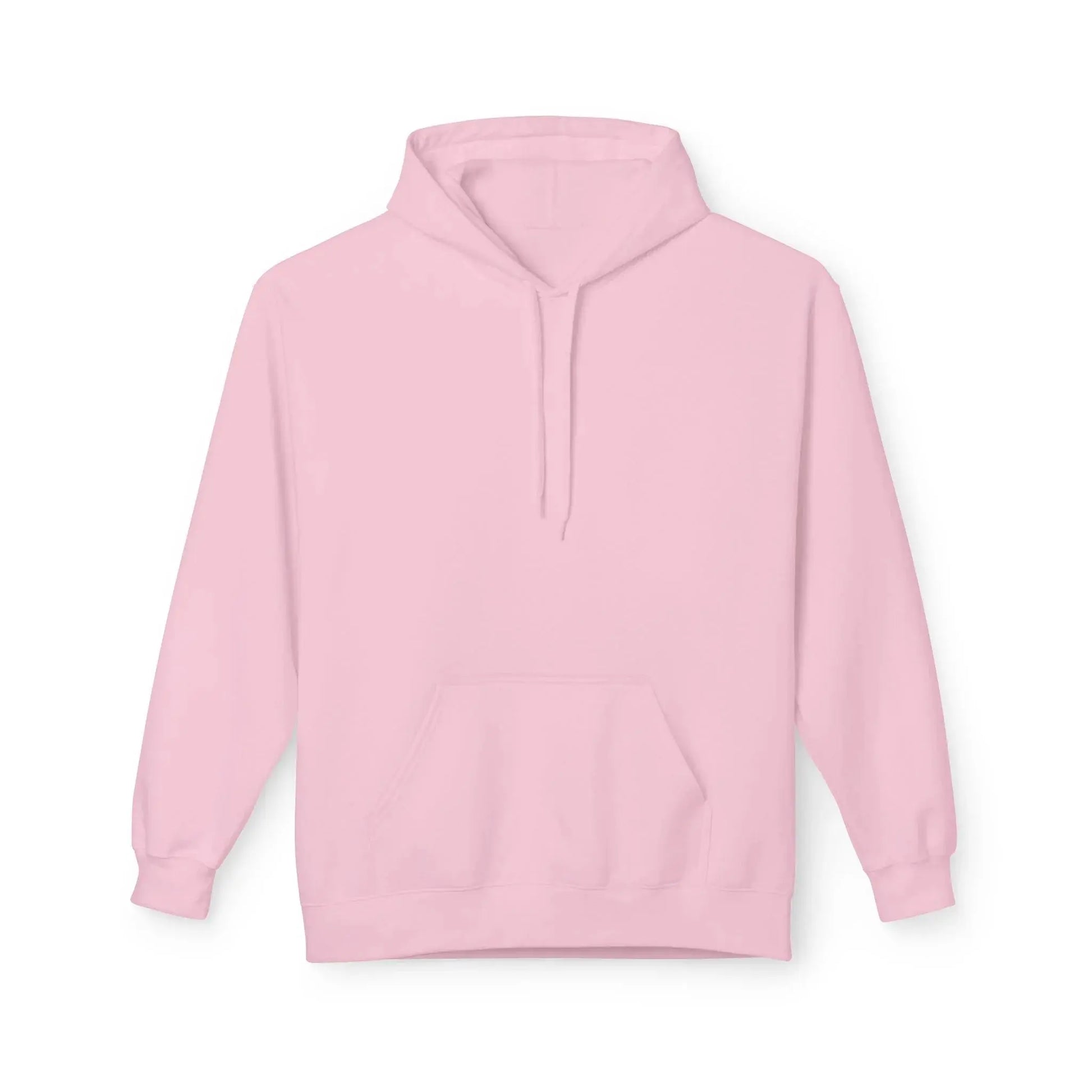Light pink hoodie with front pocket and drawstring hood on white background