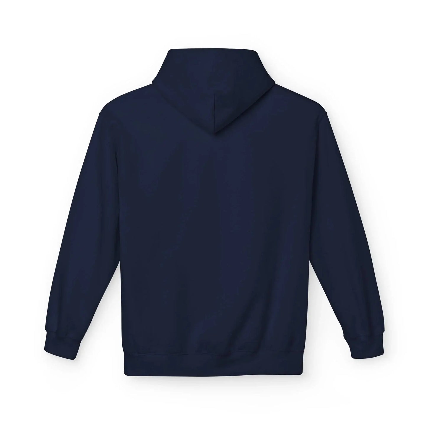 Plain navy blue hoodie, back view, long sleeves, suitable for custom printing