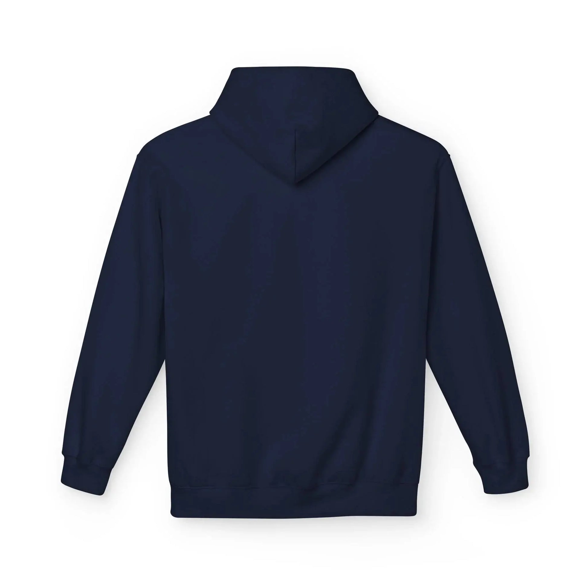 Plain navy blue hoodie, back view, long sleeves, suitable for custom printing