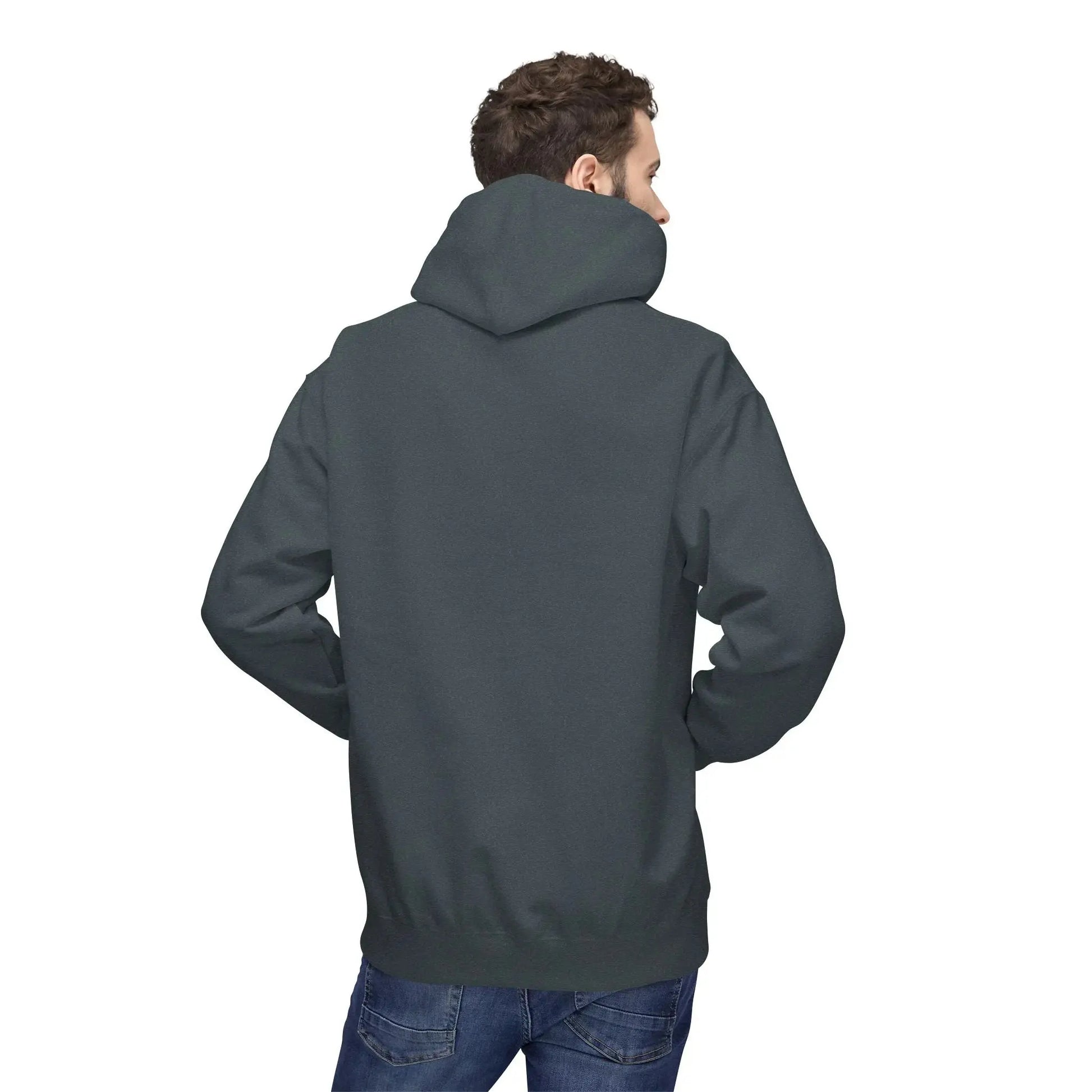 Man wearing a plain dark hoodie and blue jeans, back view, isolated on white background