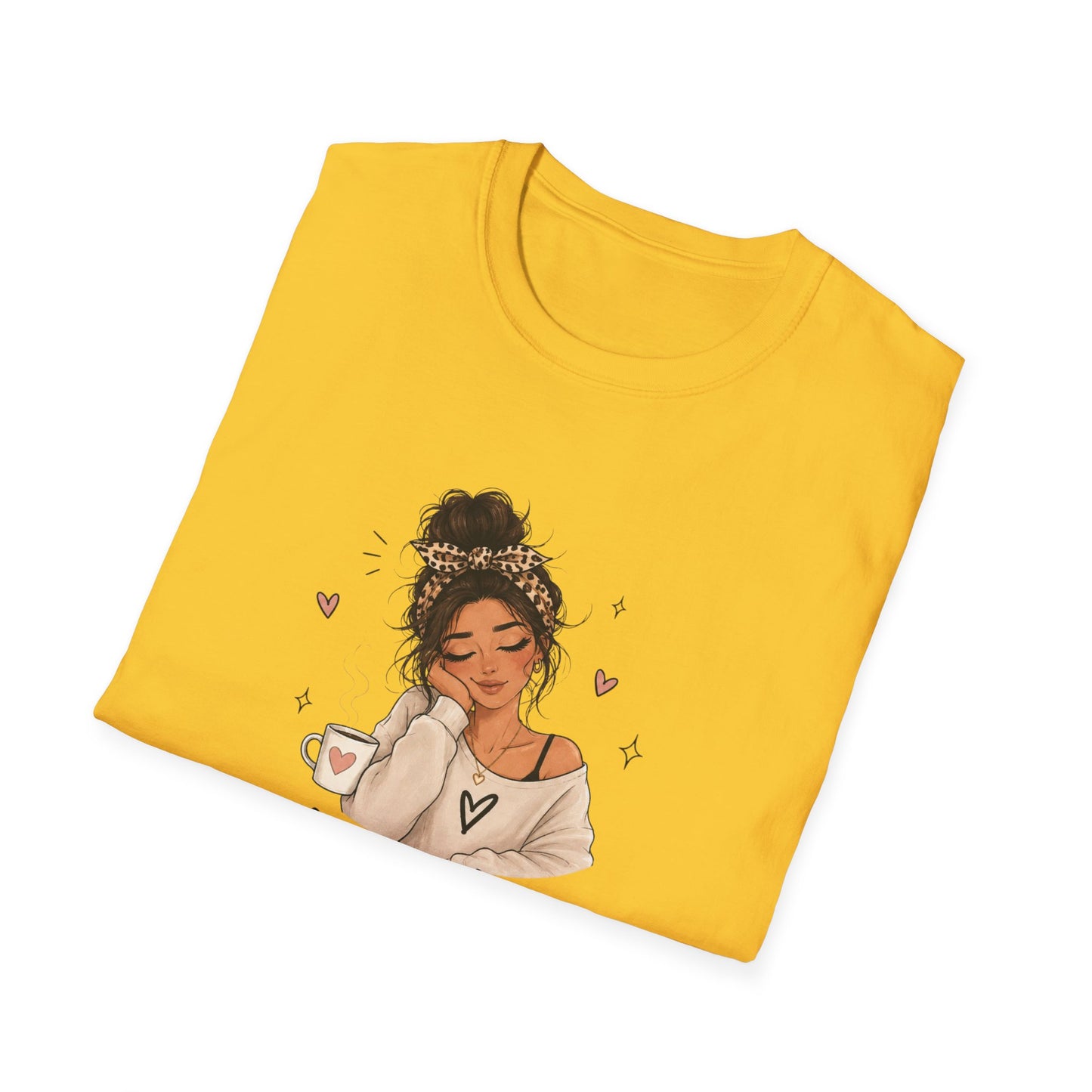 Yellow t-shirt with an illustration of a woman holding a coffee cup on a white background